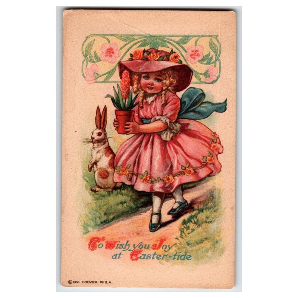 1916 Easter-tide Girl & Bunny Rabbit Postcard, Hoover Phila PA Vintage